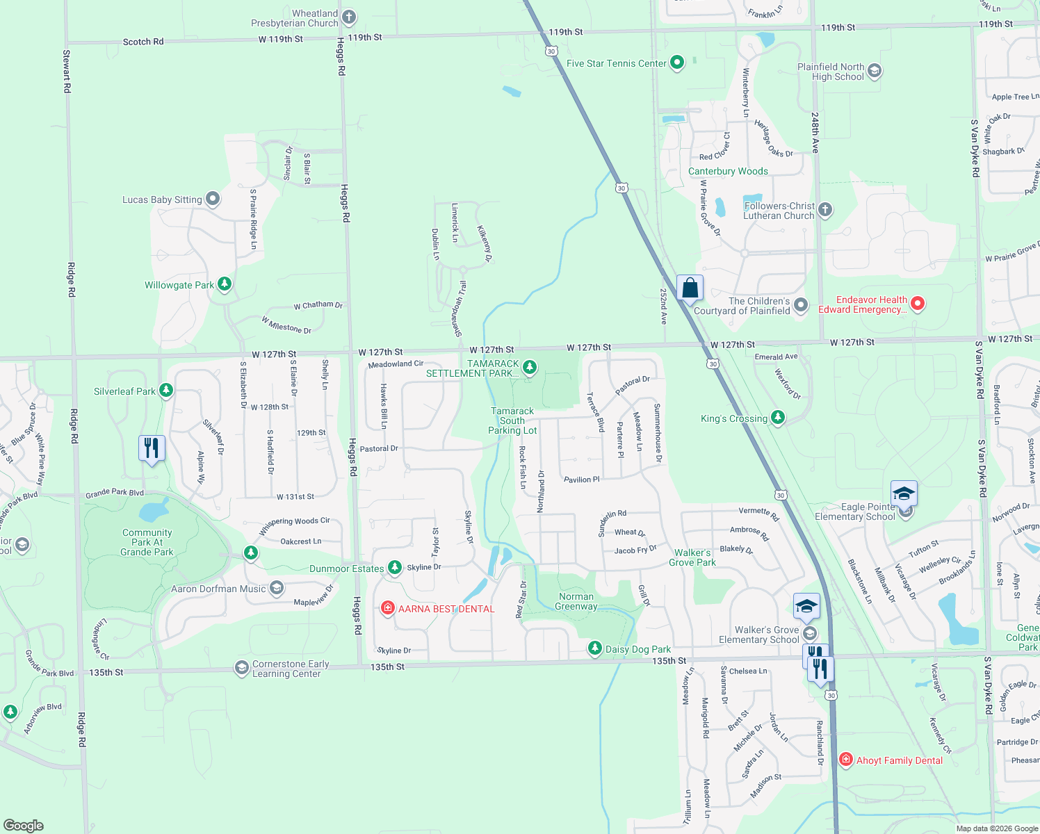 map of restaurants, bars, coffee shops, grocery stores, and more near 25538 Pastoral Drive in Plainfield