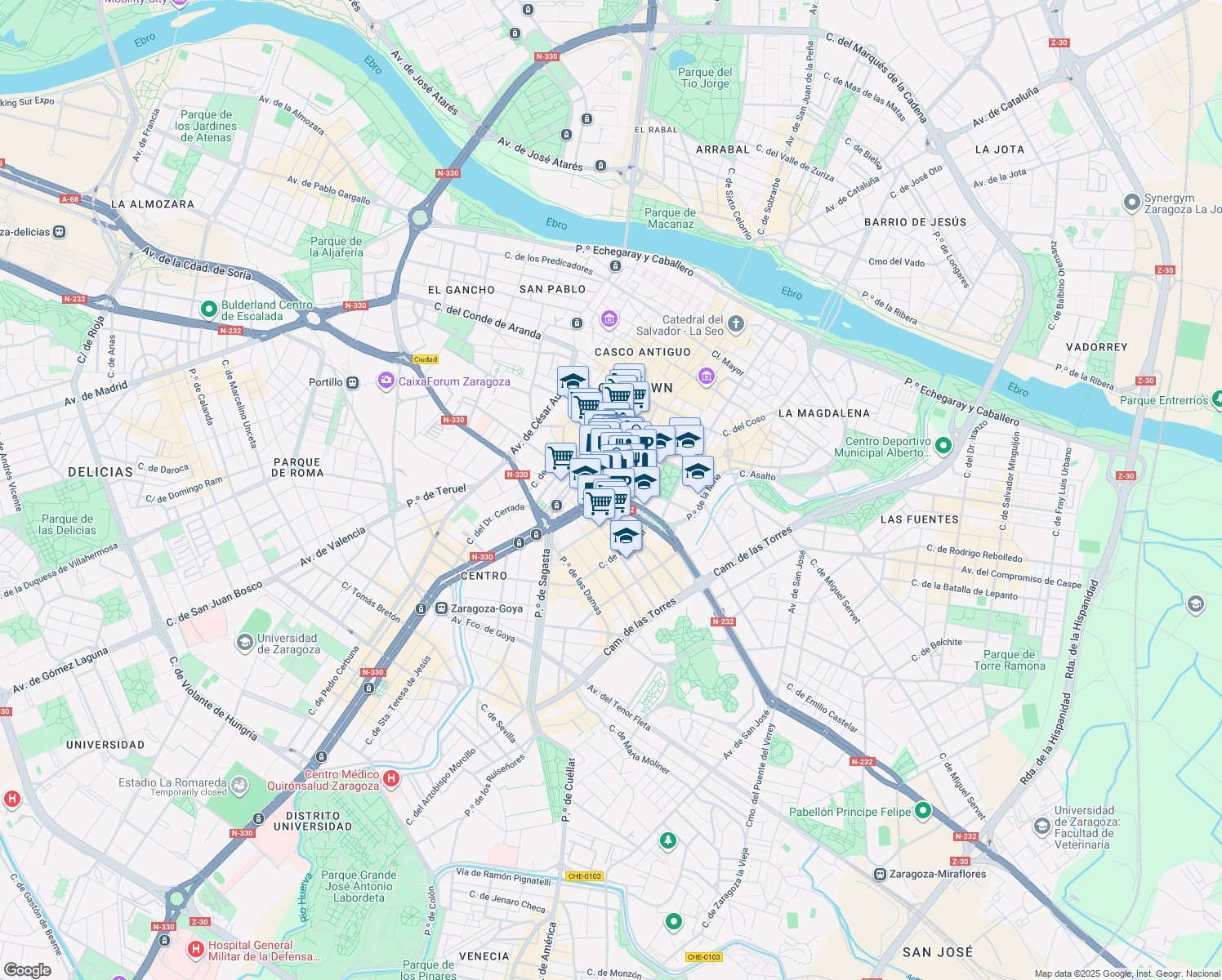 map of restaurants, bars, coffee shops, grocery stores, and more near 19 Paseo de la Constitución in Zaragoza