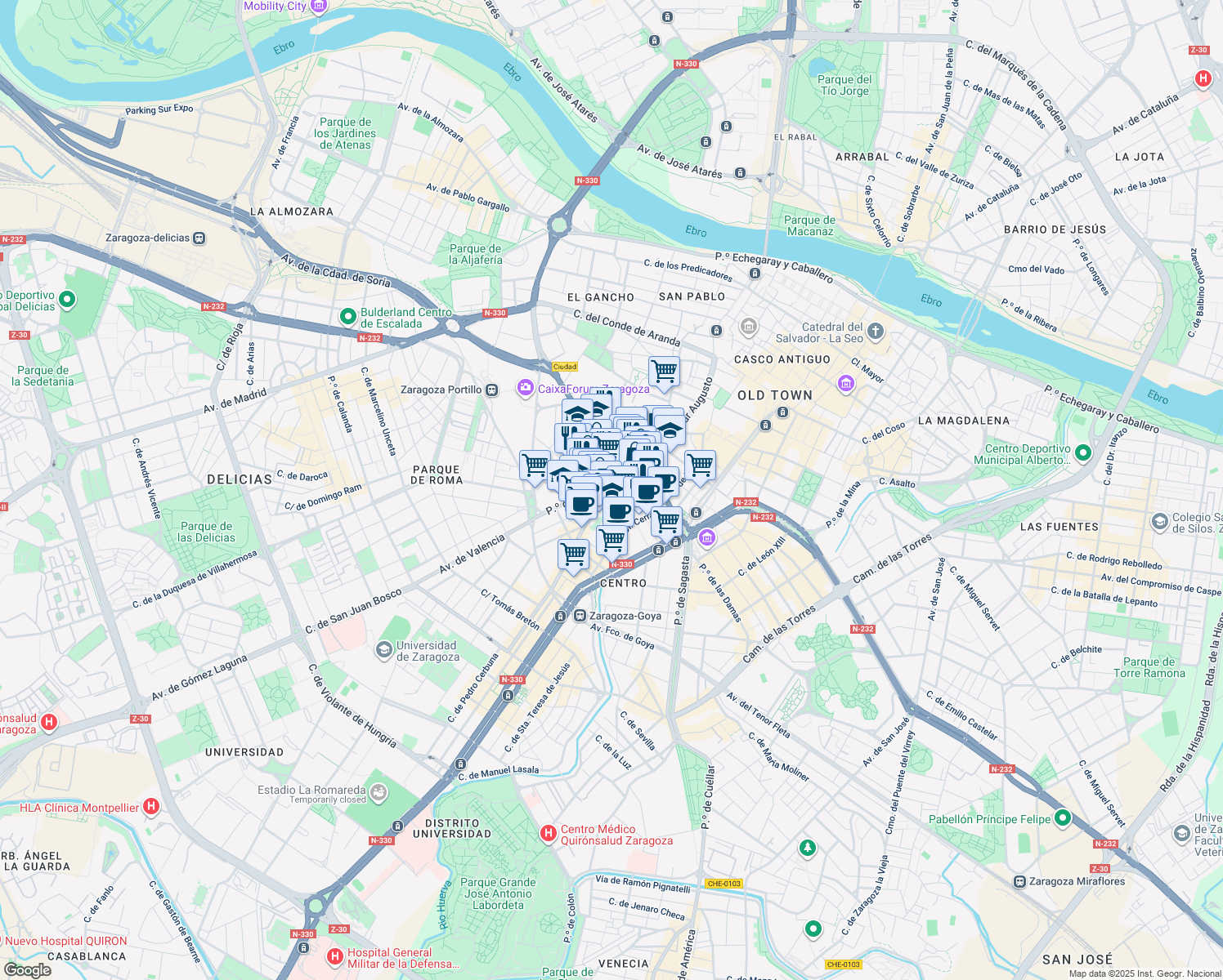 map of restaurants, bars, coffee shops, grocery stores, and more near Puente de Piedra in Zaragoza