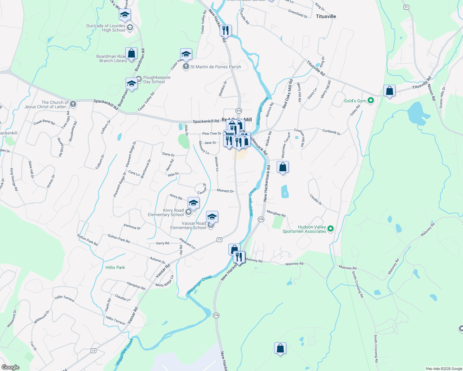 map of restaurants, bars, coffee shops, grocery stores, and more near 92 Vassar Road in Poughkeepsie