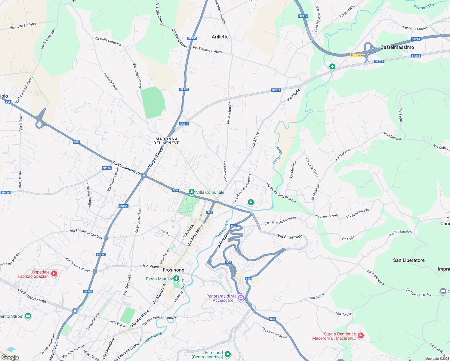 map of restaurants, bars, coffee shops, grocery stores, and more near 15 Via Lago D'Iseo in Frosinone