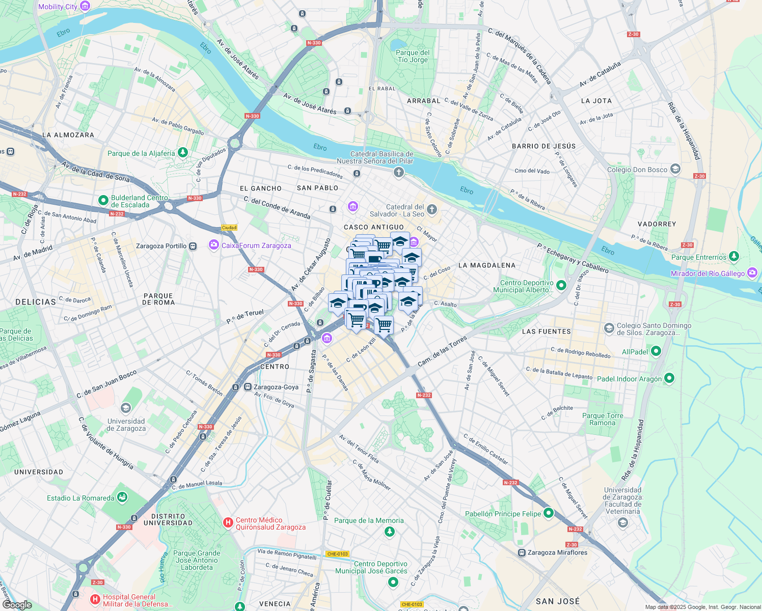 map of restaurants, bars, coffee shops, grocery stores, and more near 3 Calle de Felipe Sanclemente in Zaragoza