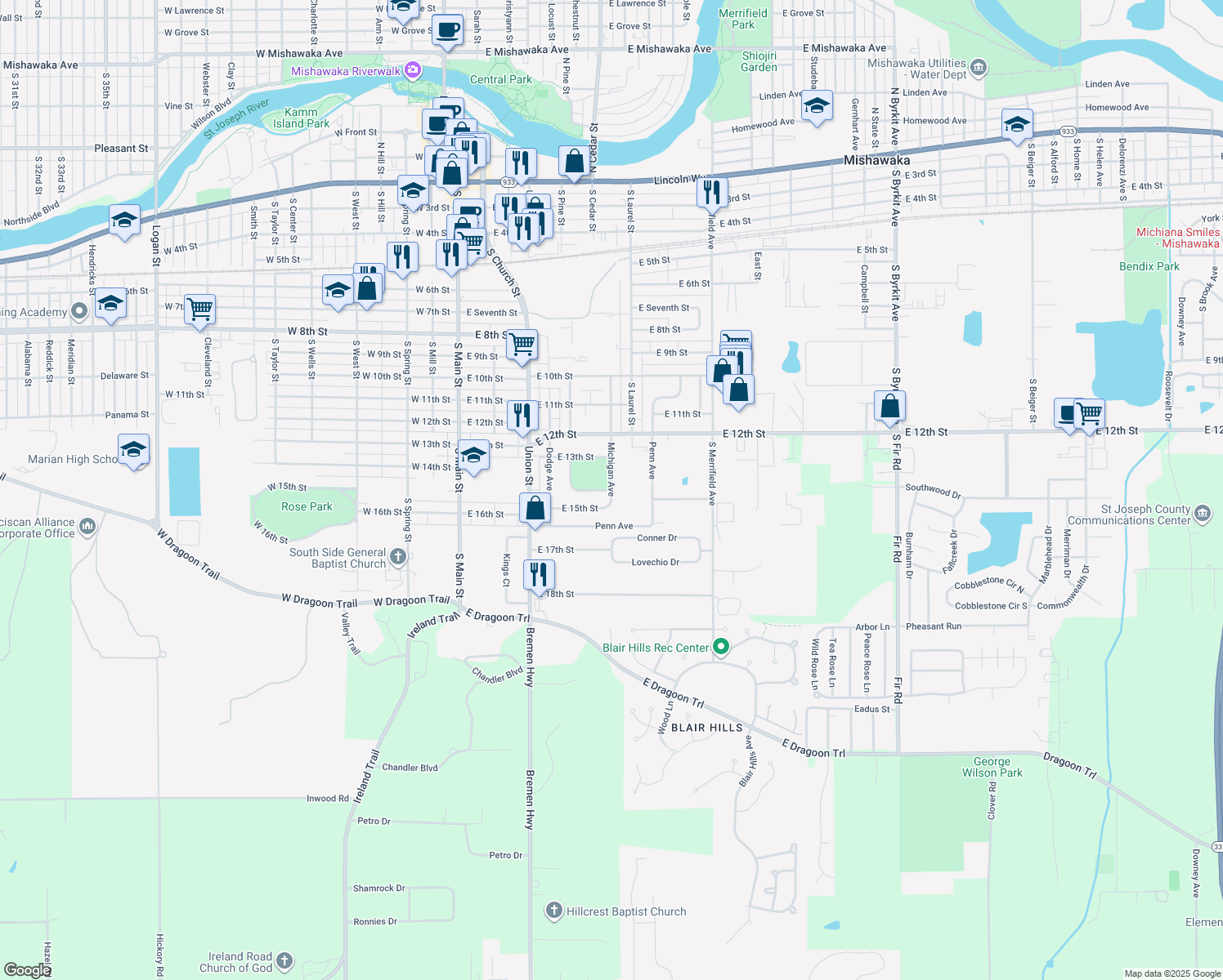 map of restaurants, bars, coffee shops, grocery stores, and more near 1364 Michigan Ave in Mishawaka