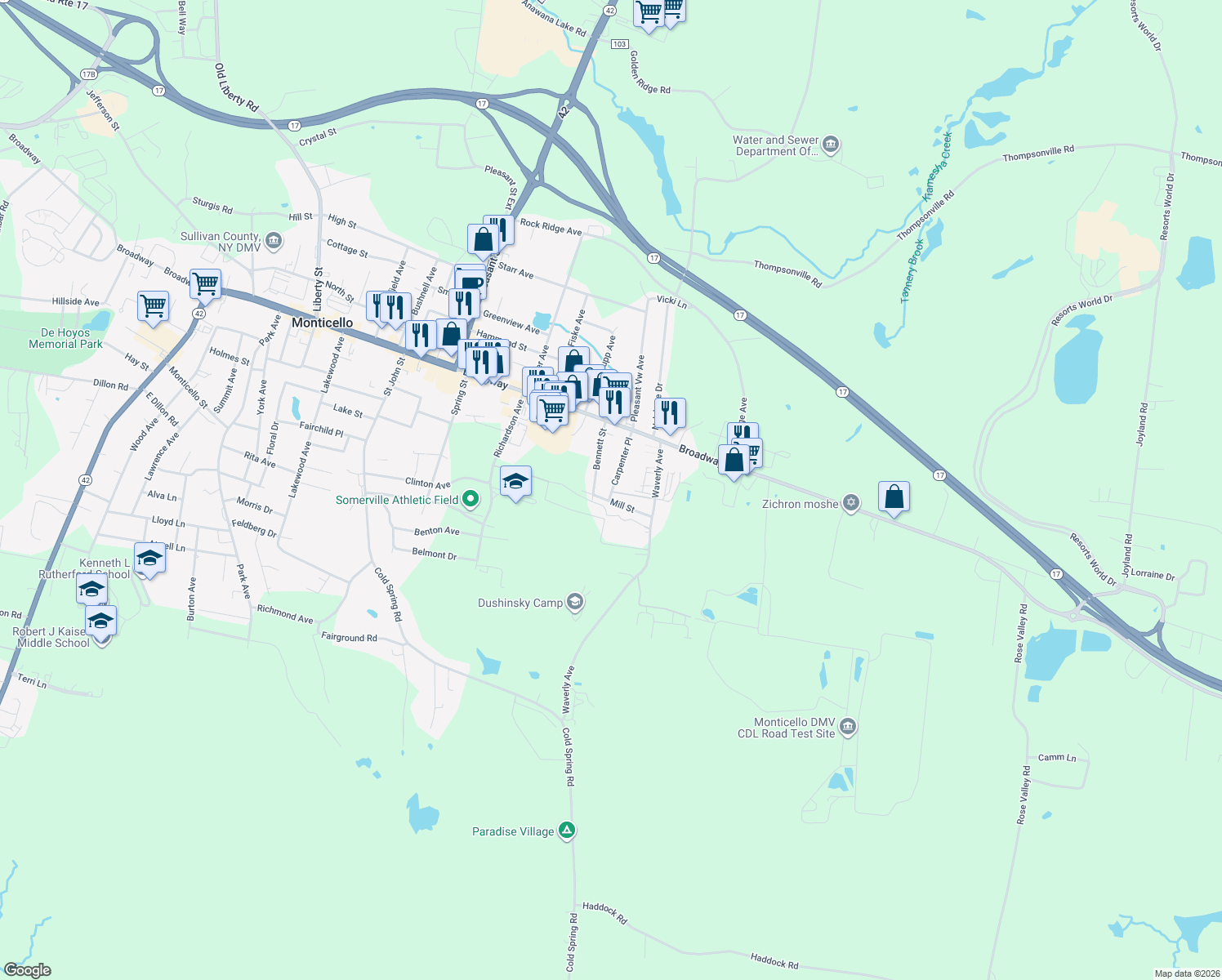 map of restaurants, bars, coffee shops, grocery stores, and more near 38 Carpenter Pl in Monticello