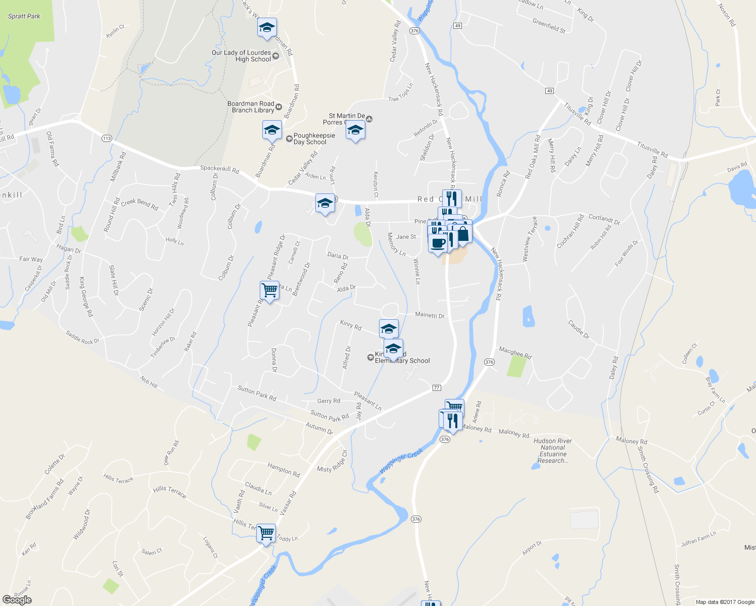 map of restaurants, bars, coffee shops, grocery stores, and more near 26 Carmen Drive in Poughkeepsie