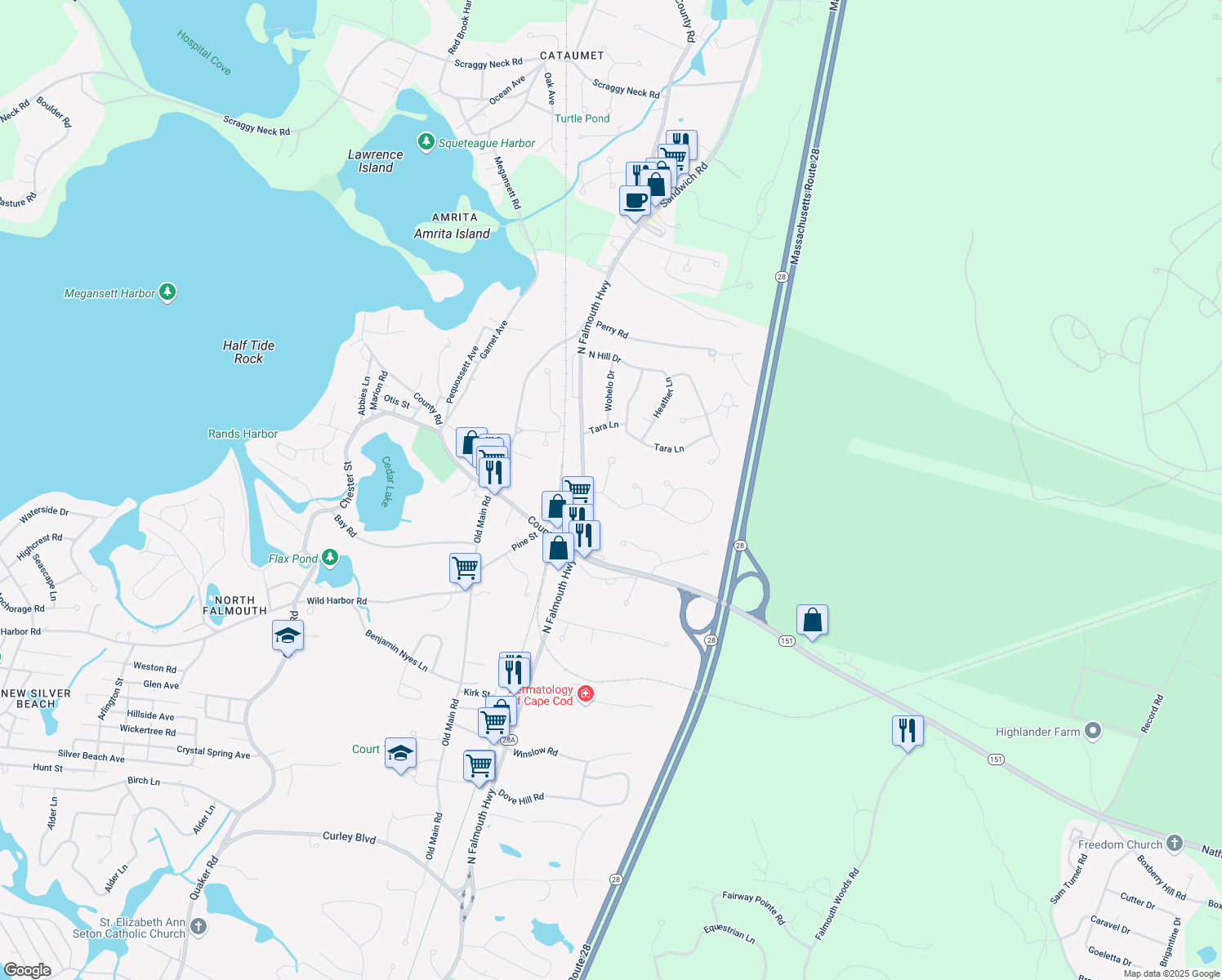 map of restaurants, bars, coffee shops, grocery stores, and more near 14 Pebble Lane in Falmouth