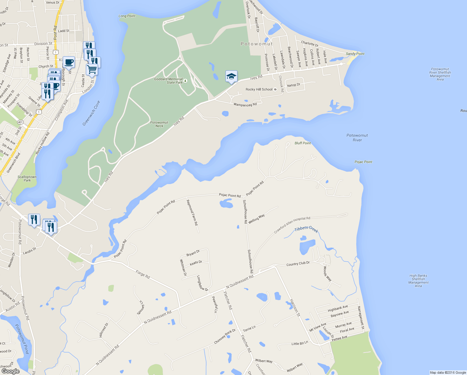 map of restaurants, bars, coffee shops, grocery stores, and more near 27 Pojac Point Road in North Kingstown