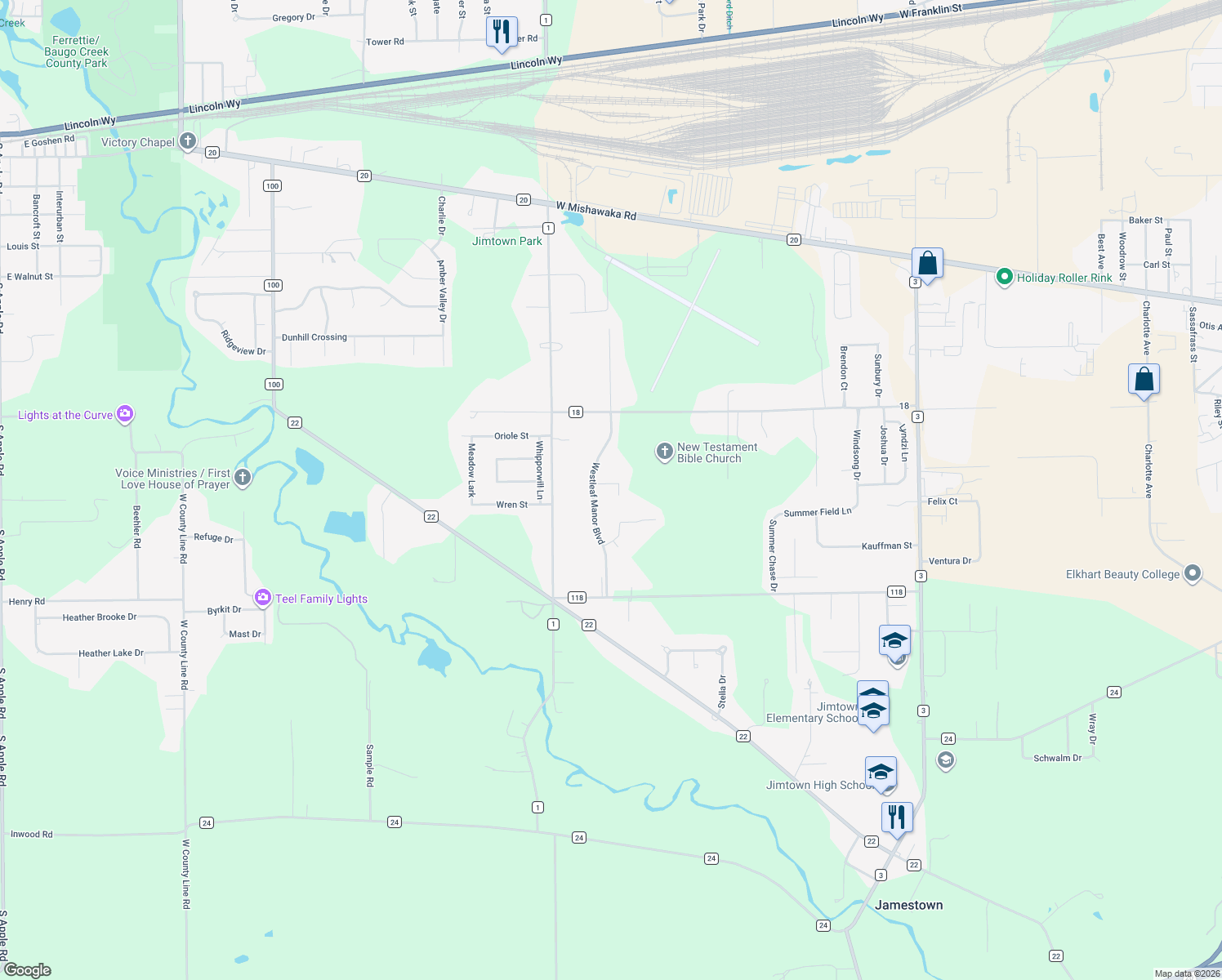 map of restaurants, bars, coffee shops, grocery stores, and more near 28754 Sommerwood Court in Elkhart