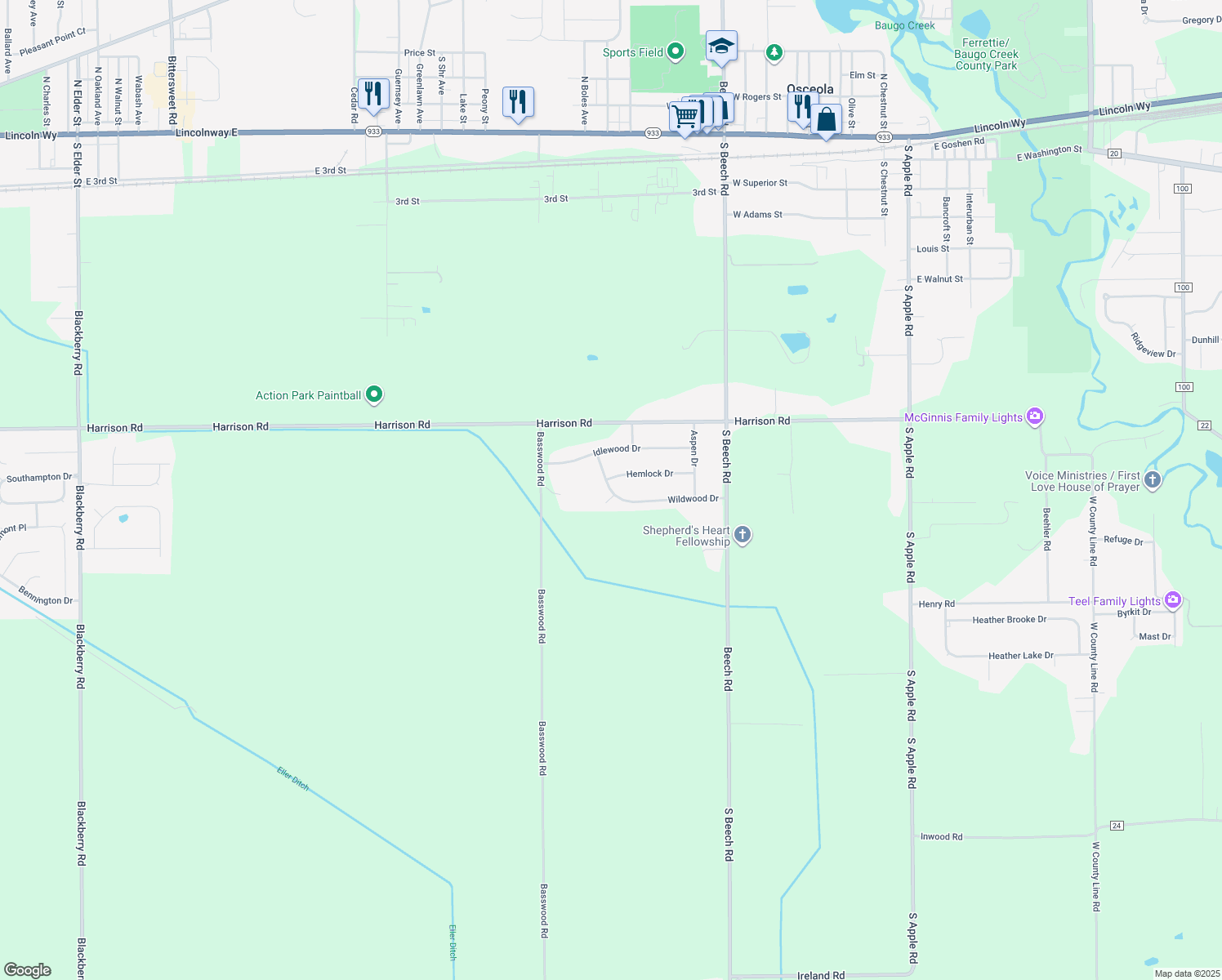 map of restaurants, bars, coffee shops, grocery stores, and more near 58208 Wildwood Dr in Osceola