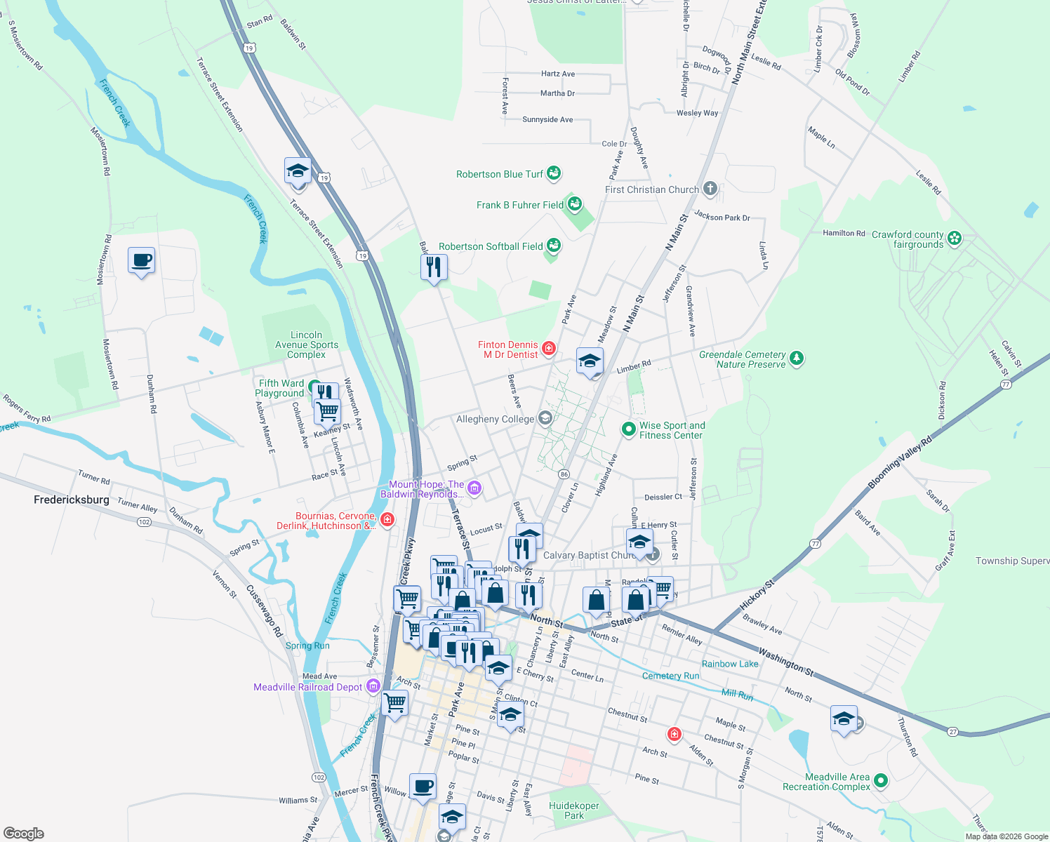 map of restaurants, bars, coffee shops, grocery stores, and more near 322 Prospect St in Meadville