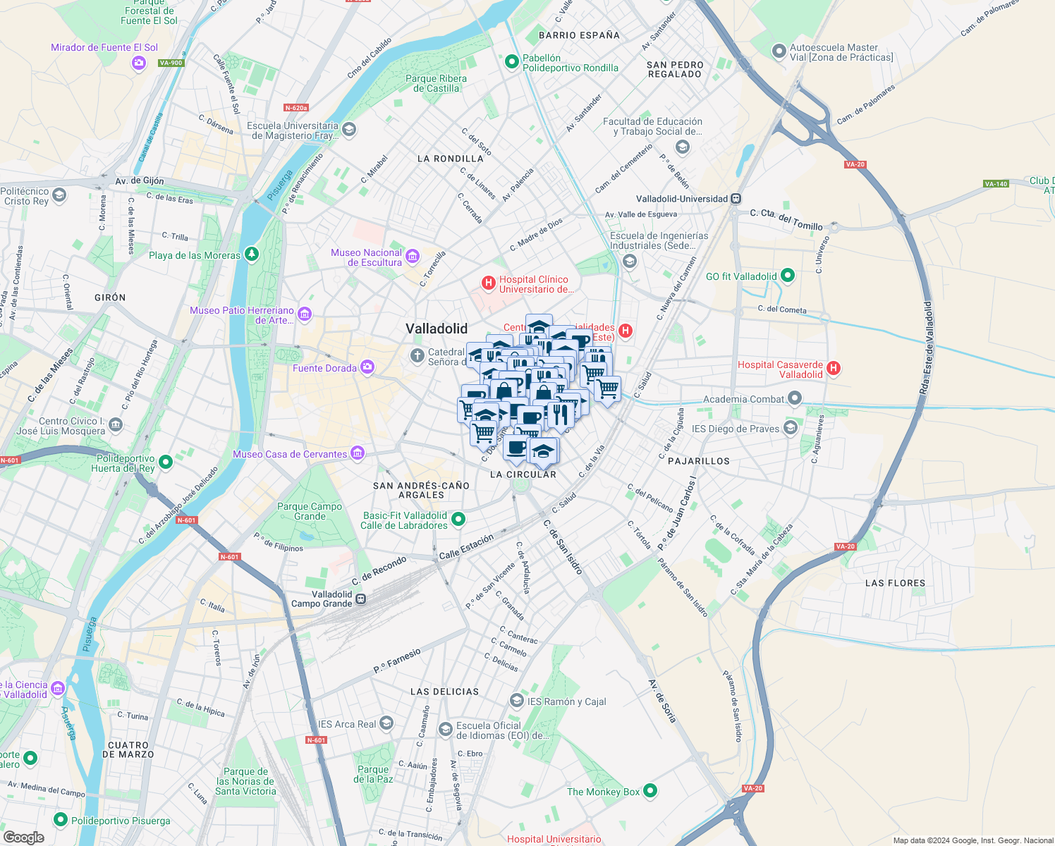 map of restaurants, bars, coffee shops, grocery stores, and more near 47 Calle Santa Lucía in Valladolid