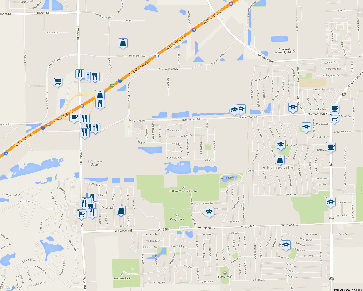 map of restaurants, bars, coffee shops, grocery stores, and more near 617 Coneflower Court in Romeoville