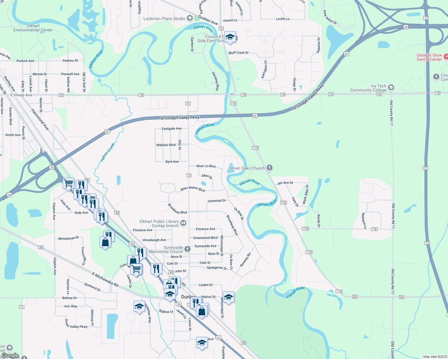 map of restaurants, bars, coffee shops, grocery stores, and more near 58156 Ox Bow Drive in Elkhart