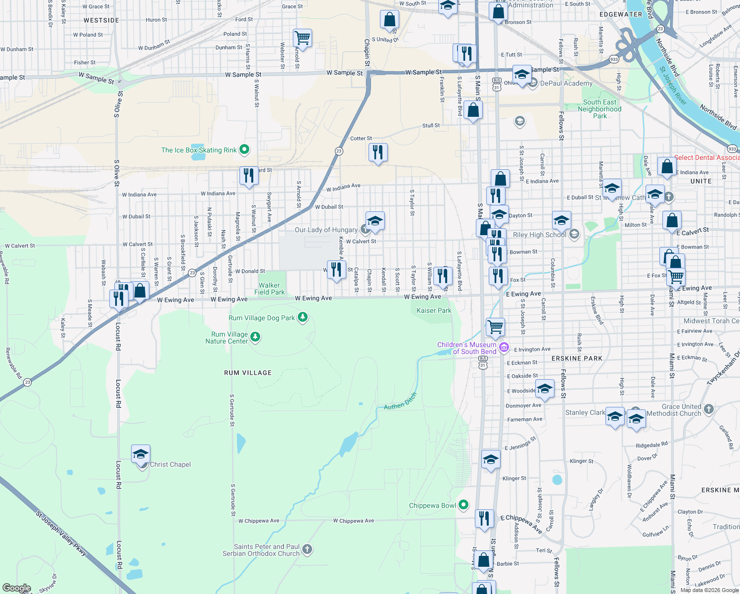 map of restaurants, bars, coffee shops, grocery stores, and more near 799 West Ewing Avenue in South Bend