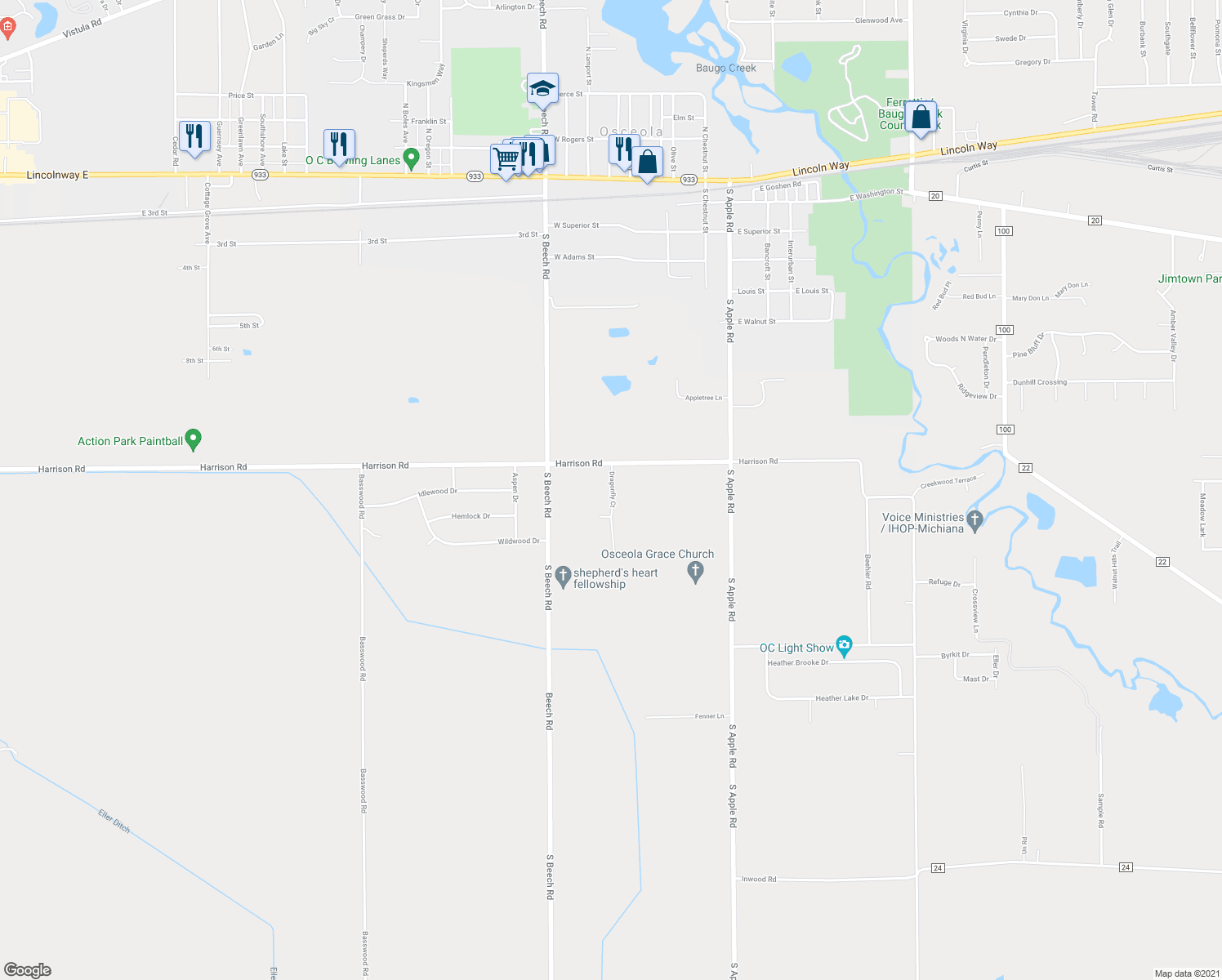map of restaurants, bars, coffee shops, grocery stores, and more near Dragonfly Ct in Osceola