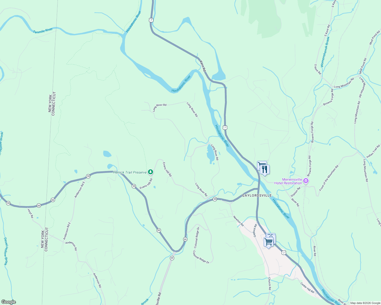 map of restaurants, bars, coffee shops, grocery stores, and more near 1 Pond View Lane in Sherman