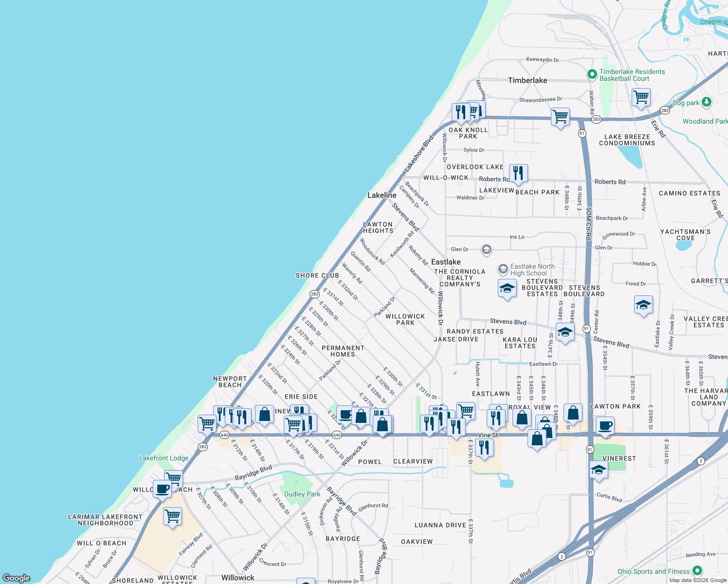 map of restaurants, bars, coffee shops, grocery stores, and more near 564 Waverly Rd in Eastlake