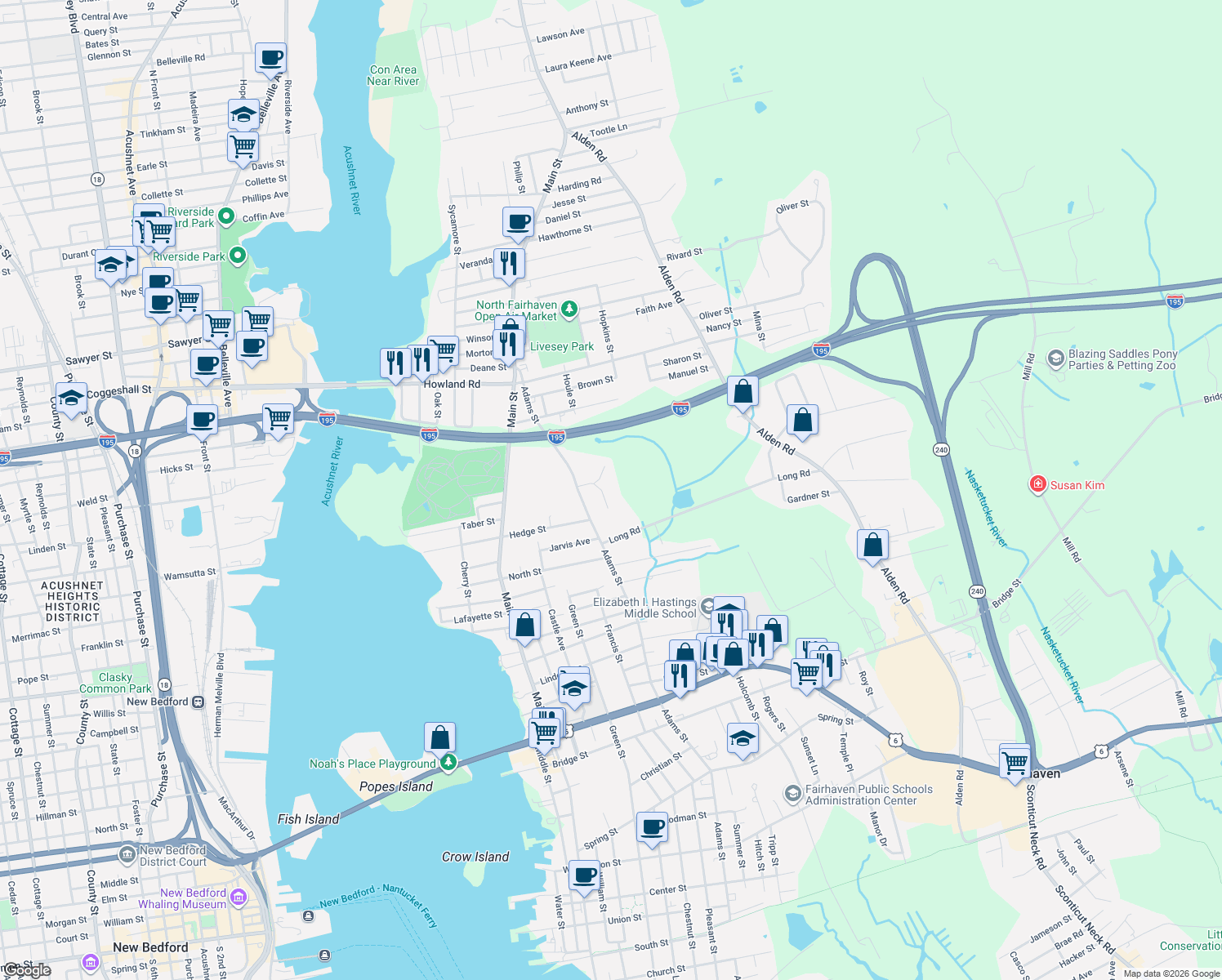 map of restaurants, bars, coffee shops, grocery stores, and more near 7 Kacy Lane in Fairhaven