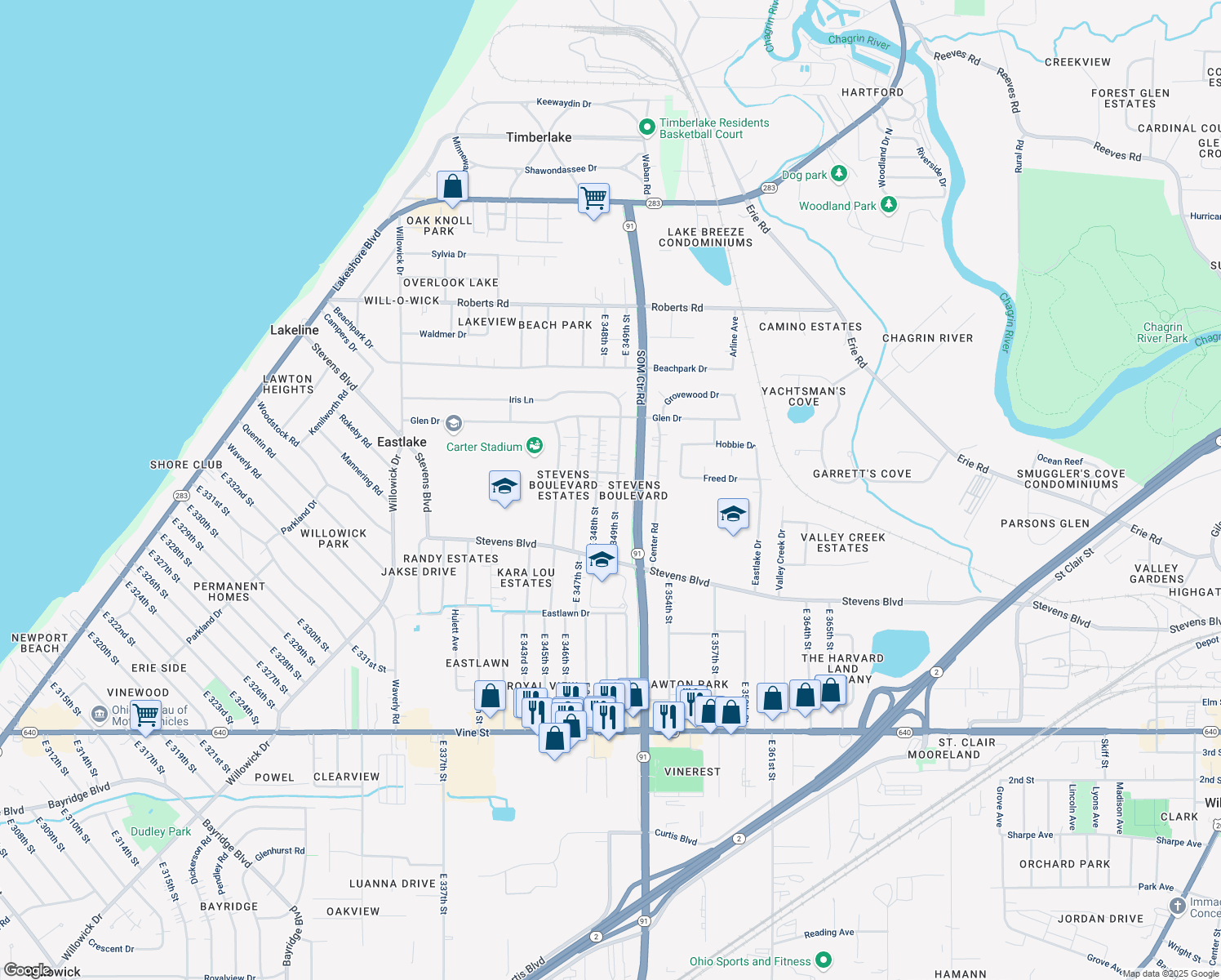 map of restaurants, bars, coffee shops, grocery stores, and more near 990 E 349th St in Eastlake
