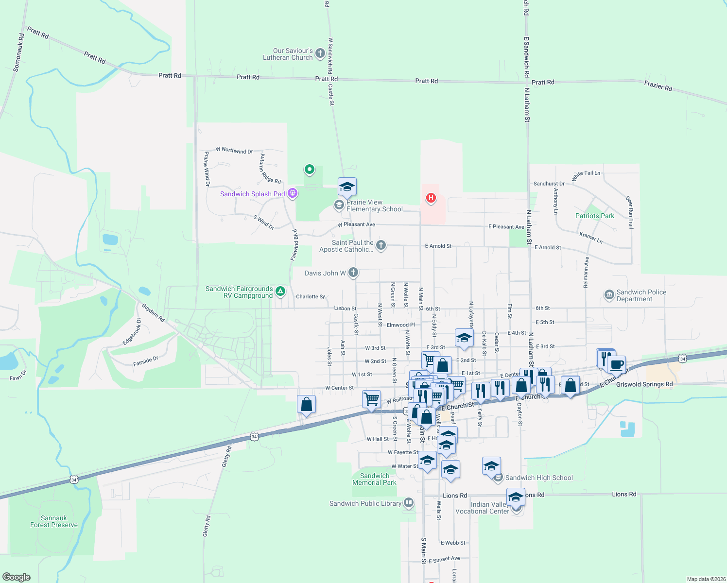 map of restaurants, bars, coffee shops, grocery stores, and more near 716 Castle Street in Sandwich
