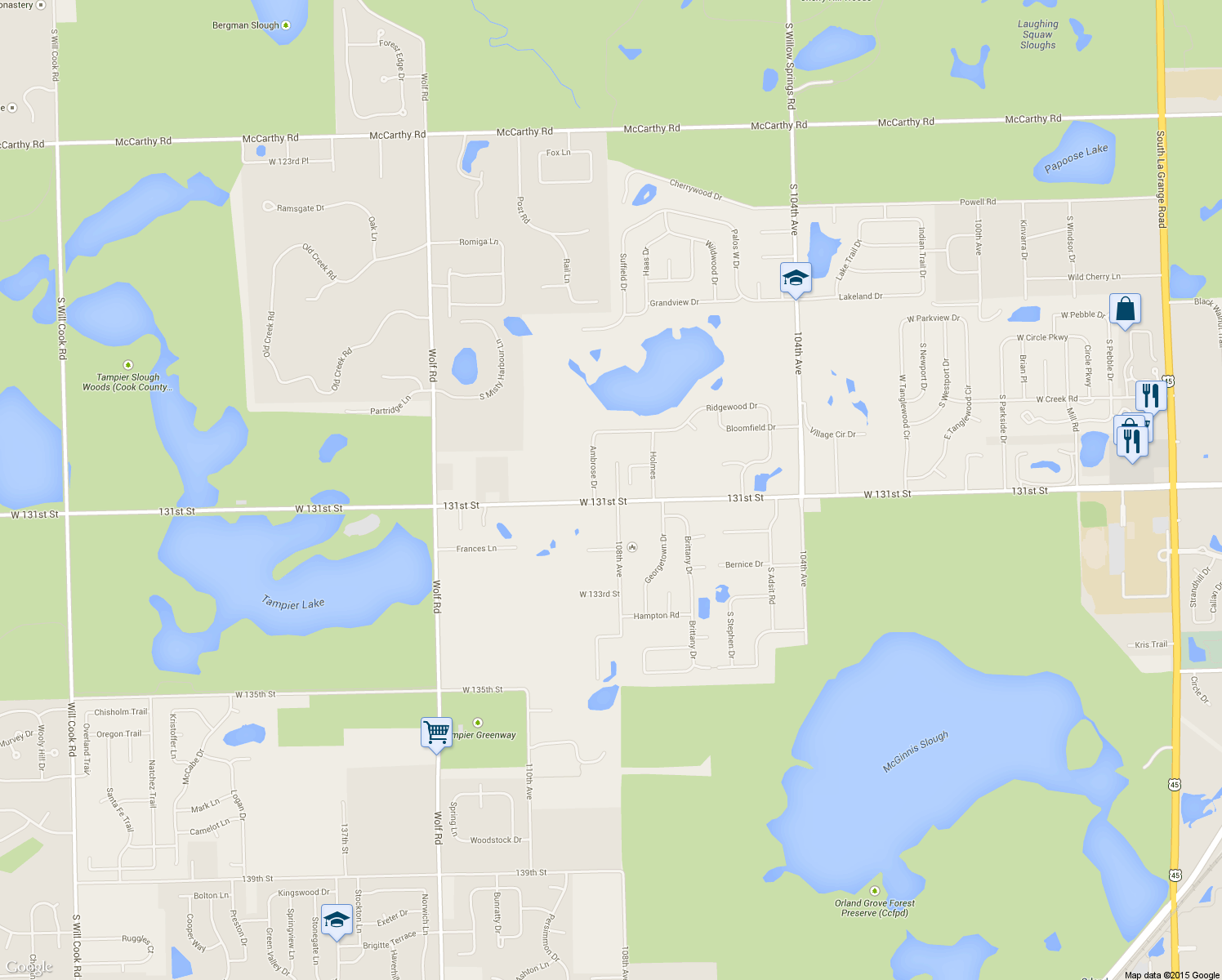 map of restaurants, bars, coffee shops, grocery stores, and more near 10800 West 131st Street in Orland Park