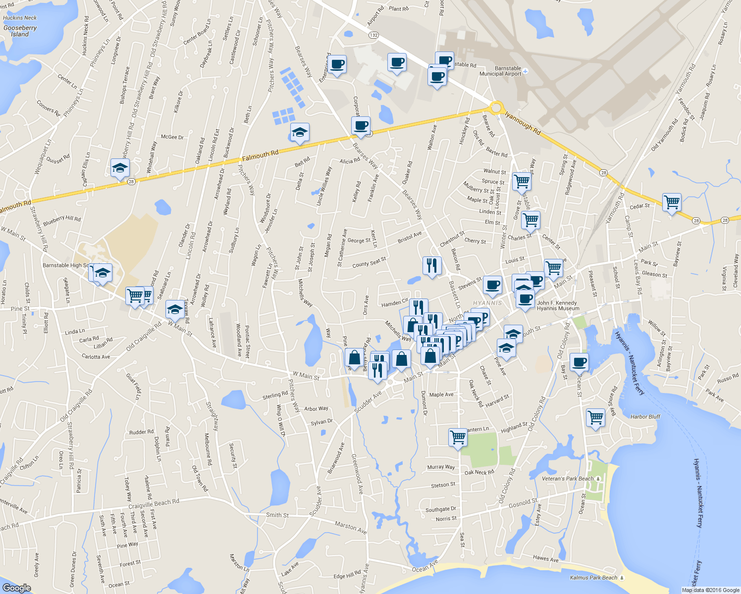map of restaurants, bars, coffee shops, grocery stores, and more near 58 Orrs Ave in Barnstable