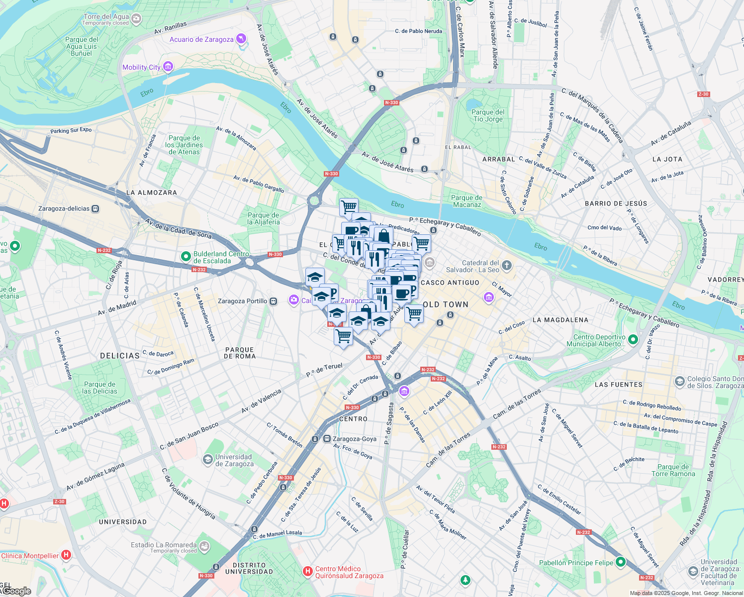 map of restaurants, bars, coffee shops, grocery stores, and more near 4 Calle de la Madre Rafols in Zaragoza