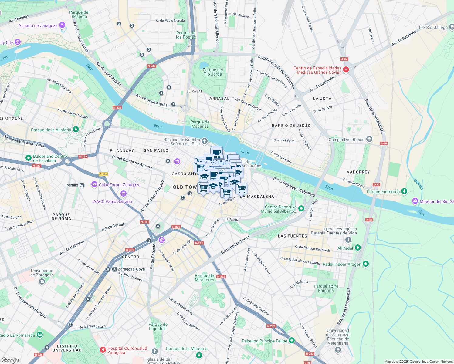 map of restaurants, bars, coffee shops, grocery stores, and more near Calle Mayor in Zaragoza