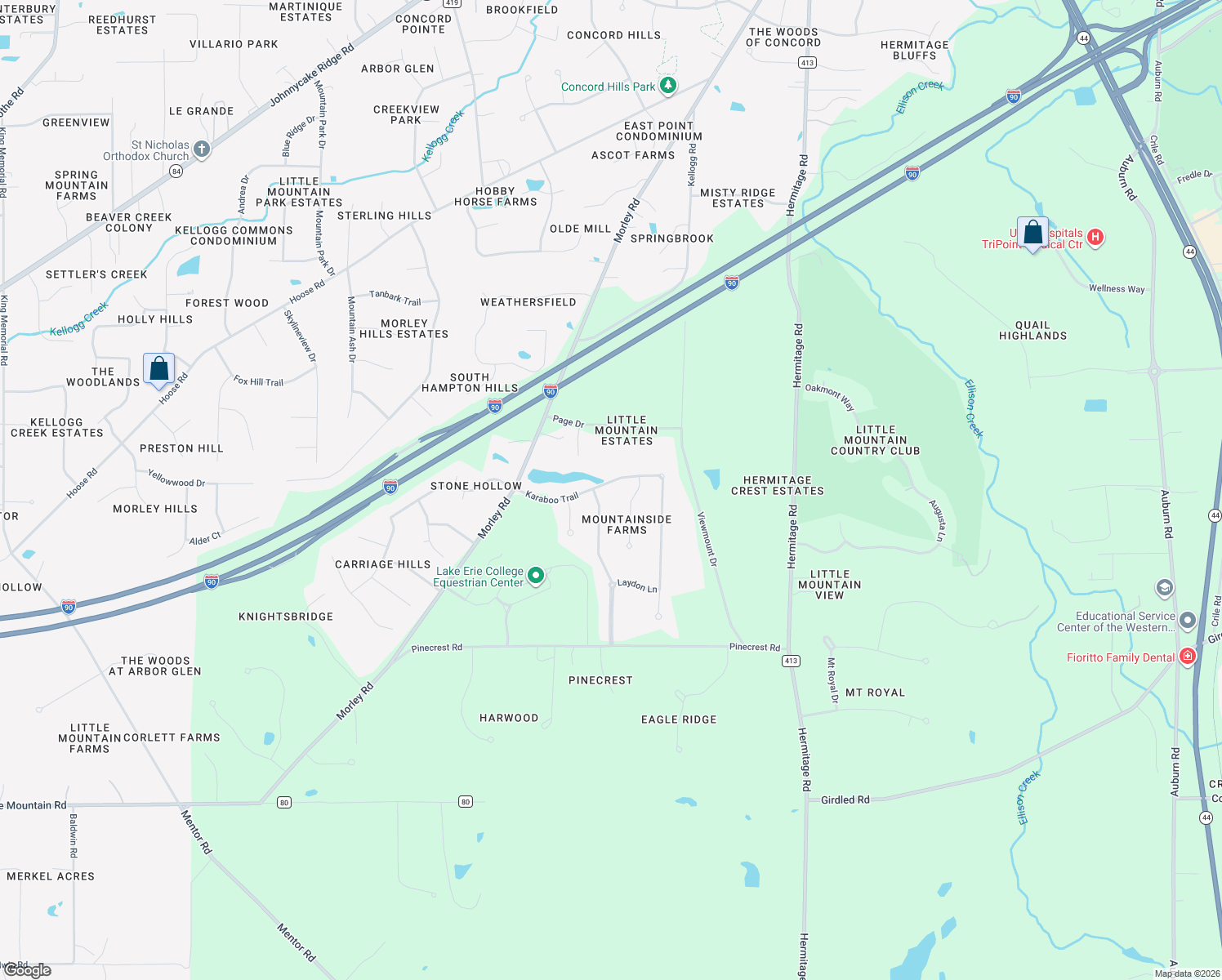 map of restaurants, bars, coffee shops, grocery stores, and more near 10230 Karaboo Trail in Painesville