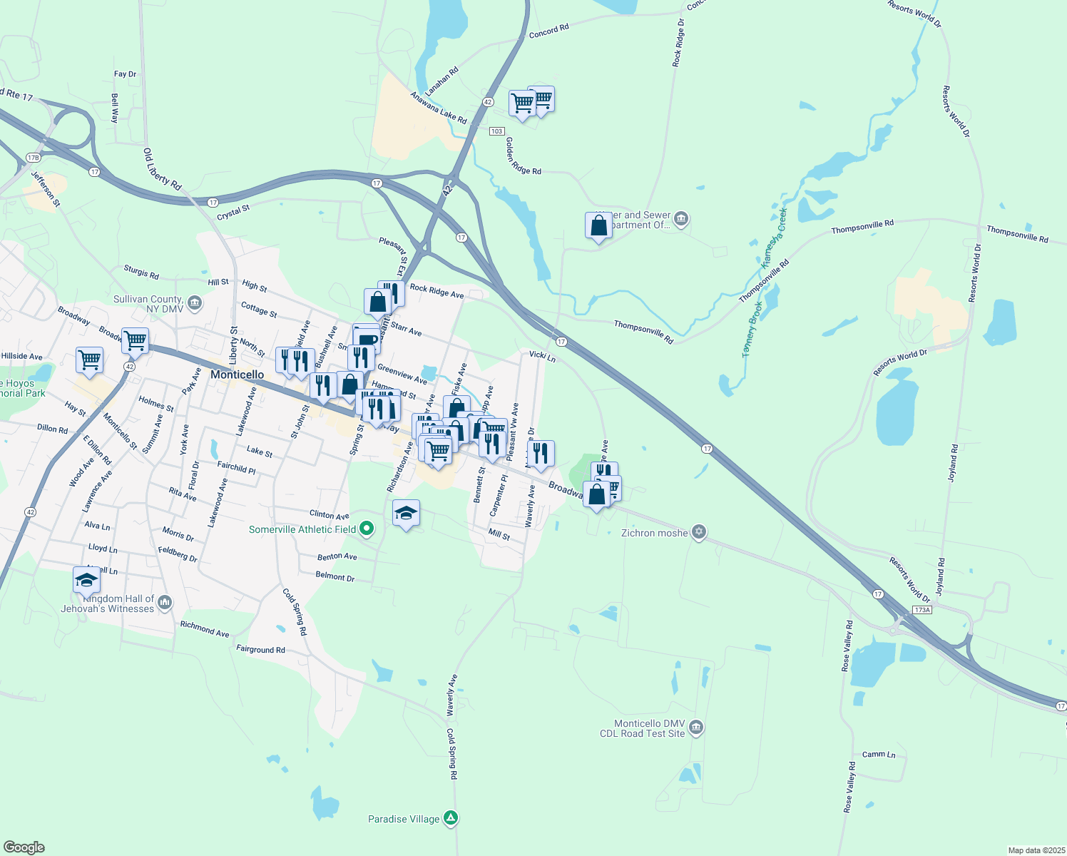 map of restaurants, bars, coffee shops, grocery stores, and more near 29 Nelshore Drive in Monticello