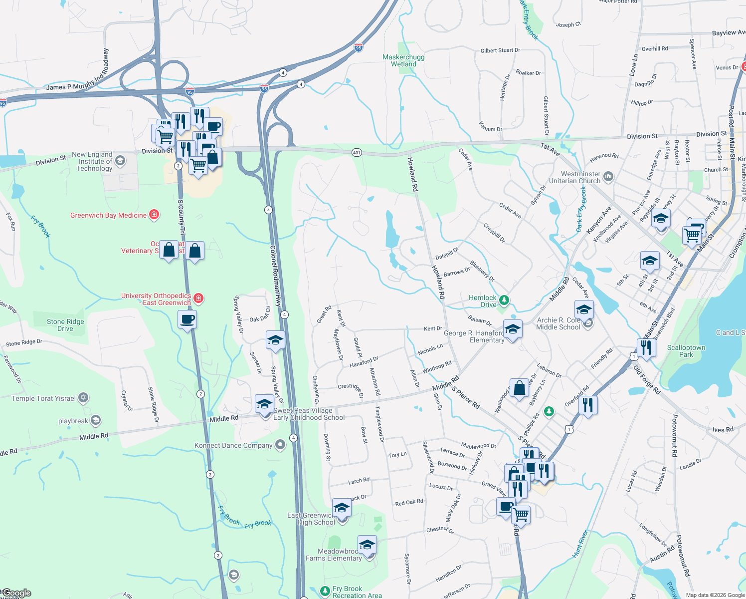 map of restaurants, bars, coffee shops, grocery stores, and more near 70 Great Road in East Greenwich
