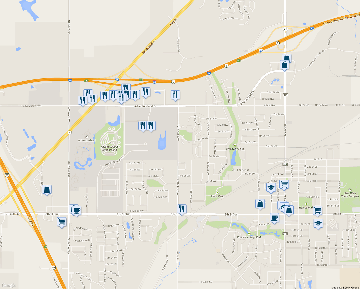 map of restaurants, bars, coffee shops, grocery stores, and more near 302 Village Circle in Altoona