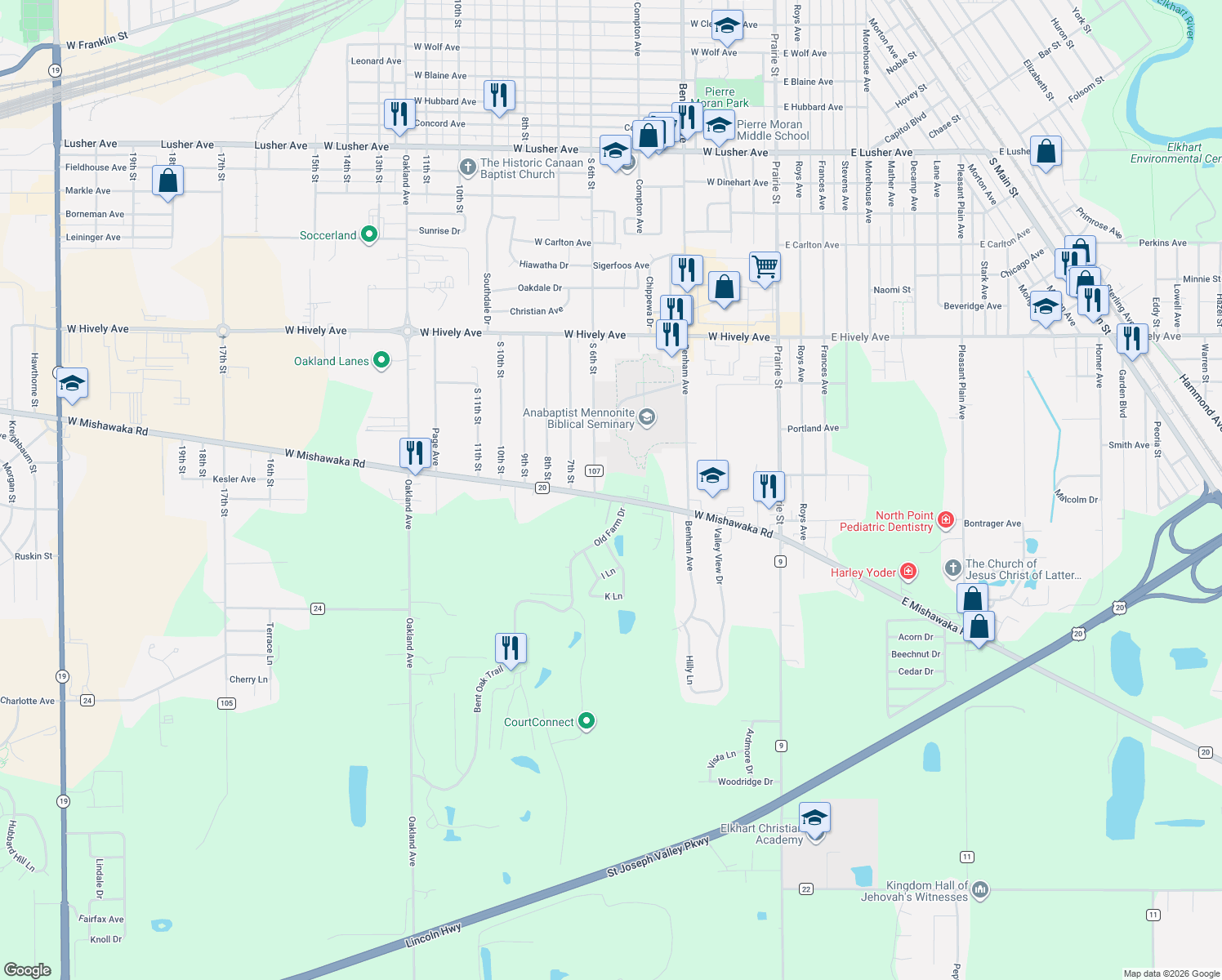 map of restaurants, bars, coffee shops, grocery stores, and more near 530 West Mishawaka Road in Elkhart