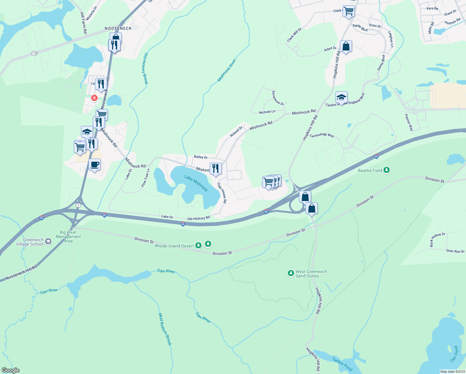 map of restaurants, bars, coffee shops, grocery stores, and more near 46 Mohawk Trail in West Greenwich