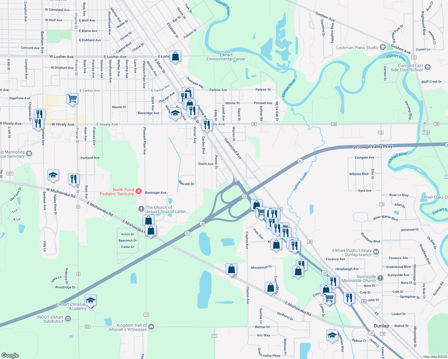 map of restaurants, bars, coffee shops, grocery stores, and more near 3155 Lawton Avenue in Elkhart