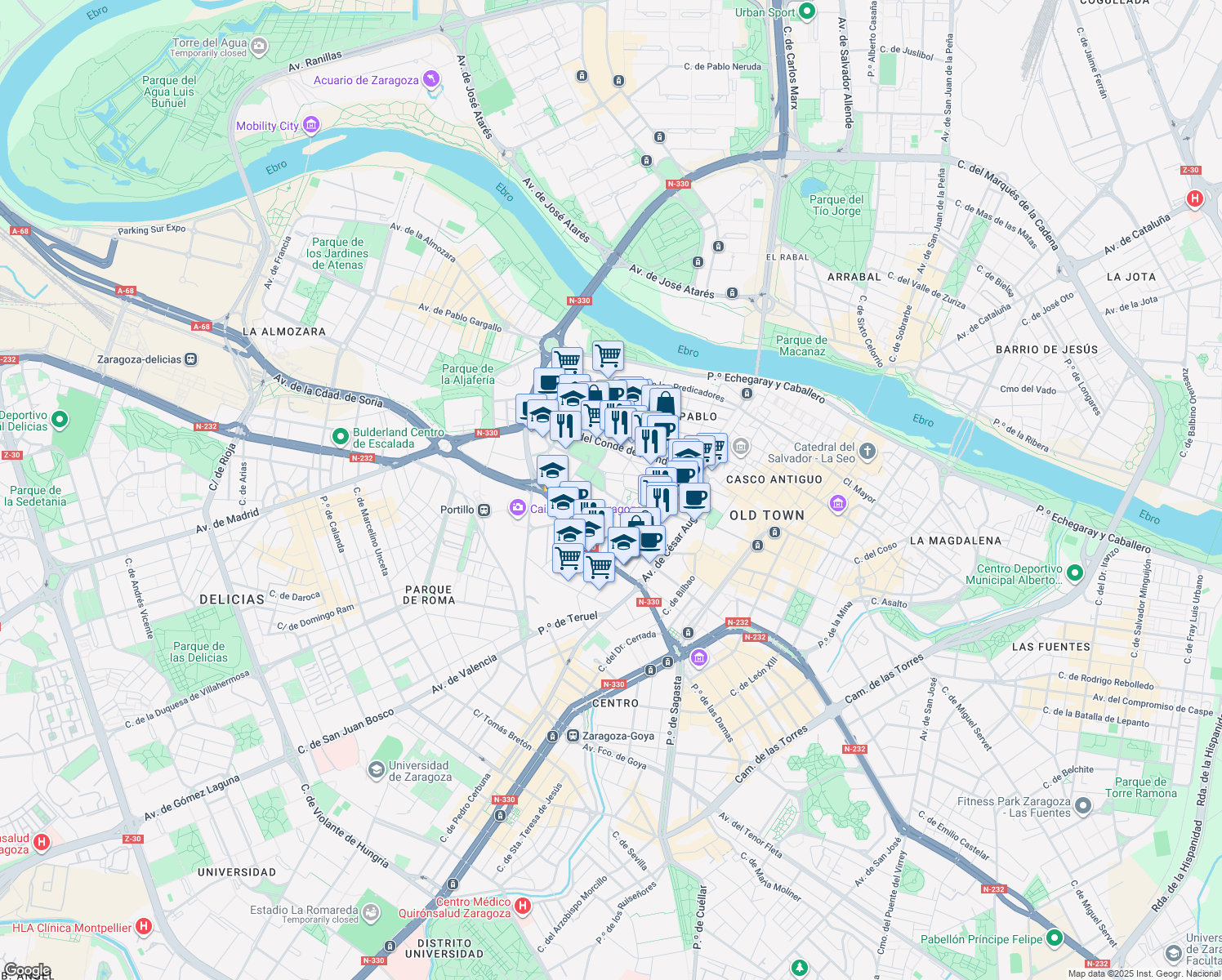 map of restaurants, bars, coffee shops, grocery stores, and more near 8 Calle de la Madre Rafols in Zaragoza