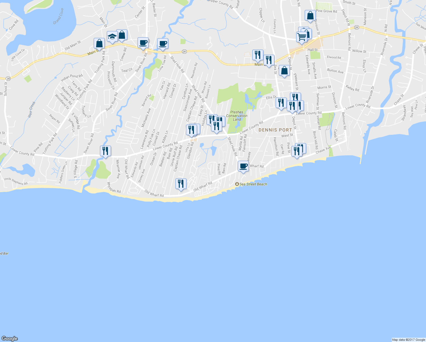 map of restaurants, bars, coffee shops, grocery stores, and more near North Ocean Grove Circle in Dennis
