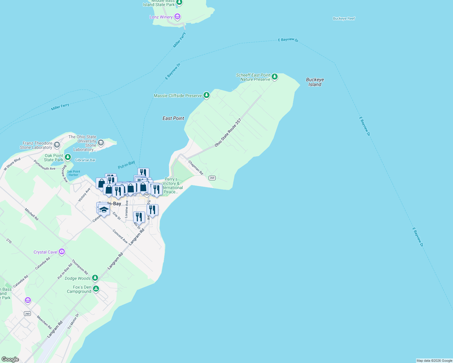 map of restaurants, bars, coffee shops, grocery stores, and more near 359 Township Highway 269 in Put-in-Bay