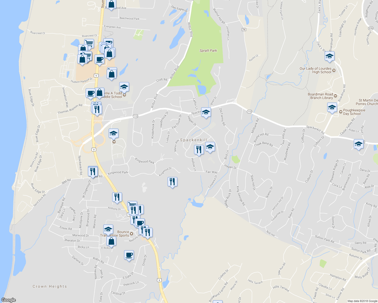 map of restaurants, bars, coffee shops, grocery stores, and more near 23 Pasture Lane in Poughkeepsie