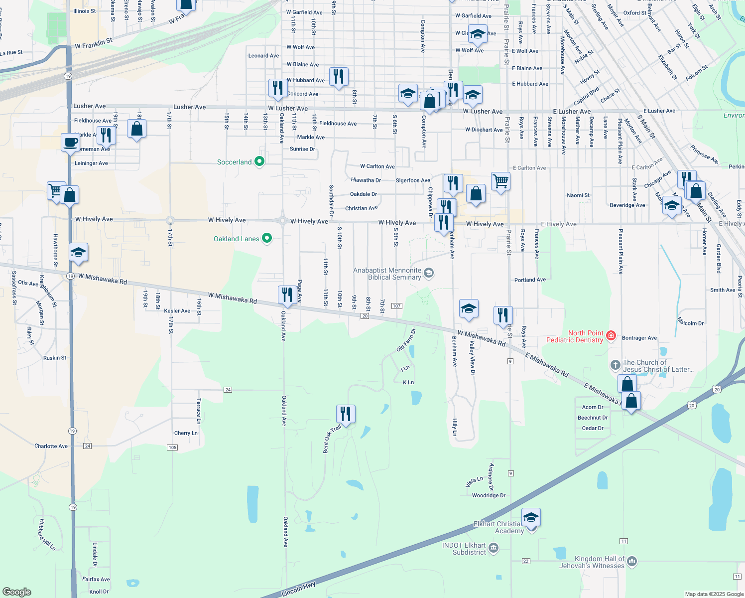 map of restaurants, bars, coffee shops, grocery stores, and more near 57854 8th St in Elkhart