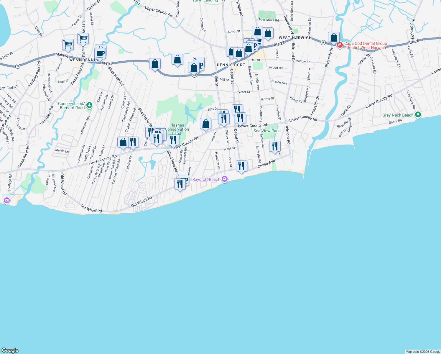 map of restaurants, bars, coffee shops, grocery stores, and more near 15 Beach Pine Road in Dennis