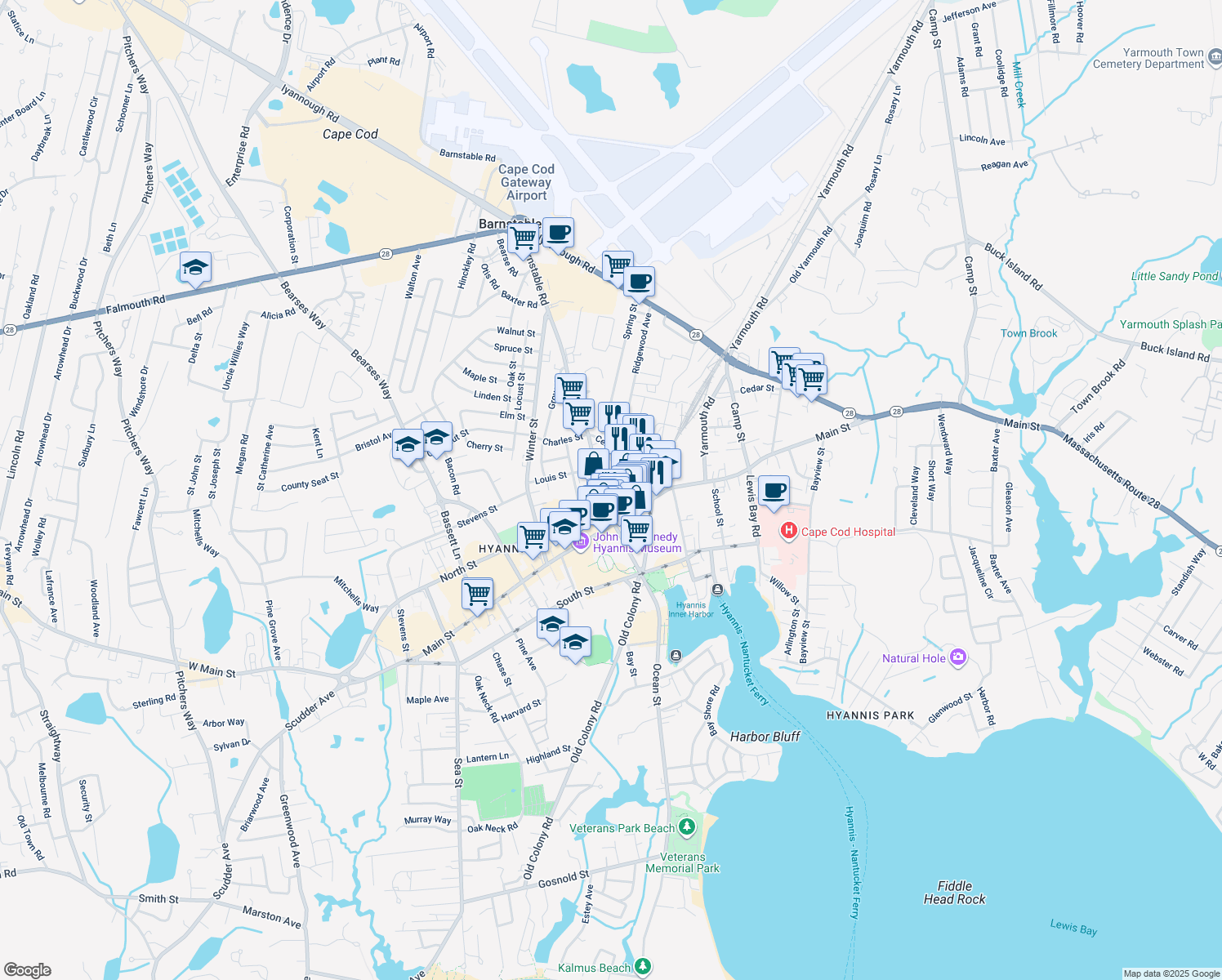 map of restaurants, bars, coffee shops, grocery stores, and more near 49 Elm Avenue in Barnstable