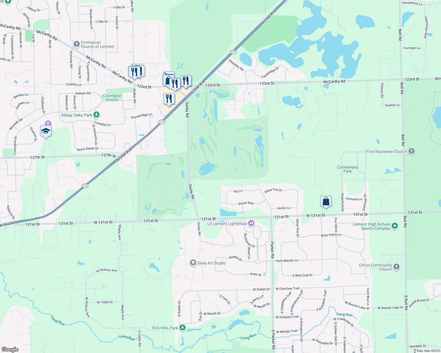 map of restaurants, bars, coffee shops, grocery stores, and more near 8 Ruffled Feathers Drive in Lemont