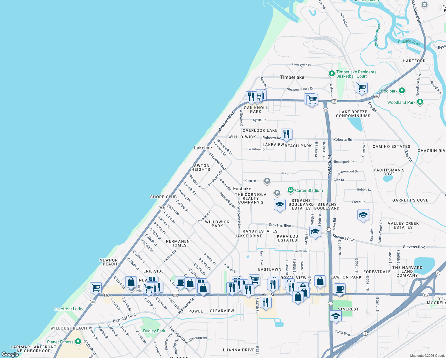 map of restaurants, bars, coffee shops, grocery stores, and more near 667 Rokeby Rd in Eastlake