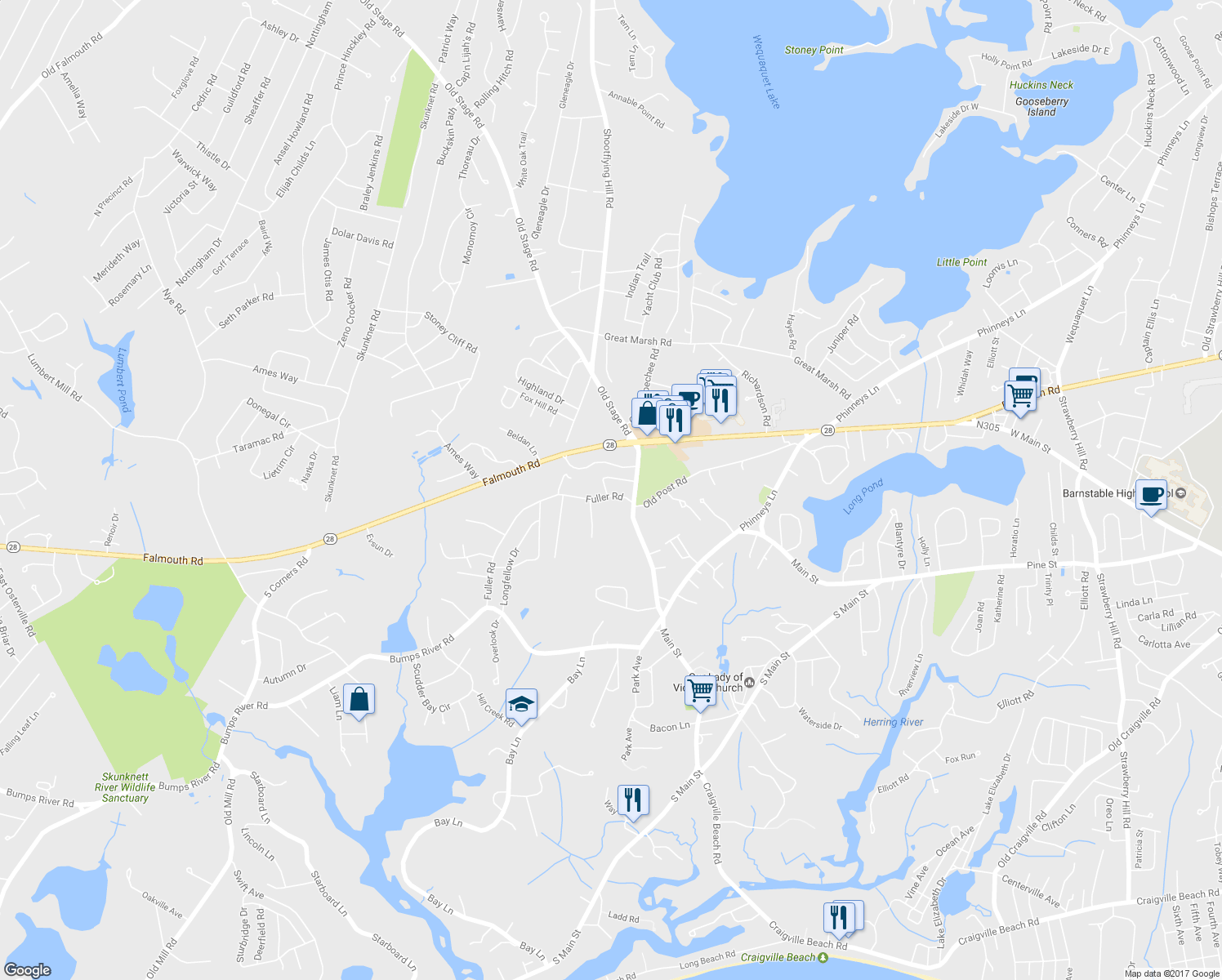 map of restaurants, bars, coffee shops, grocery stores, and more near 287 Fuller Road in Barnstable