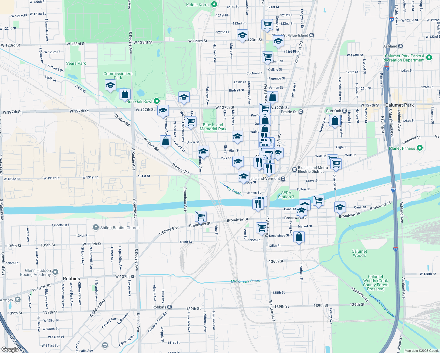 map of restaurants, bars, coffee shops, grocery stores, and more near 2657 Vermont Street in Blue Island