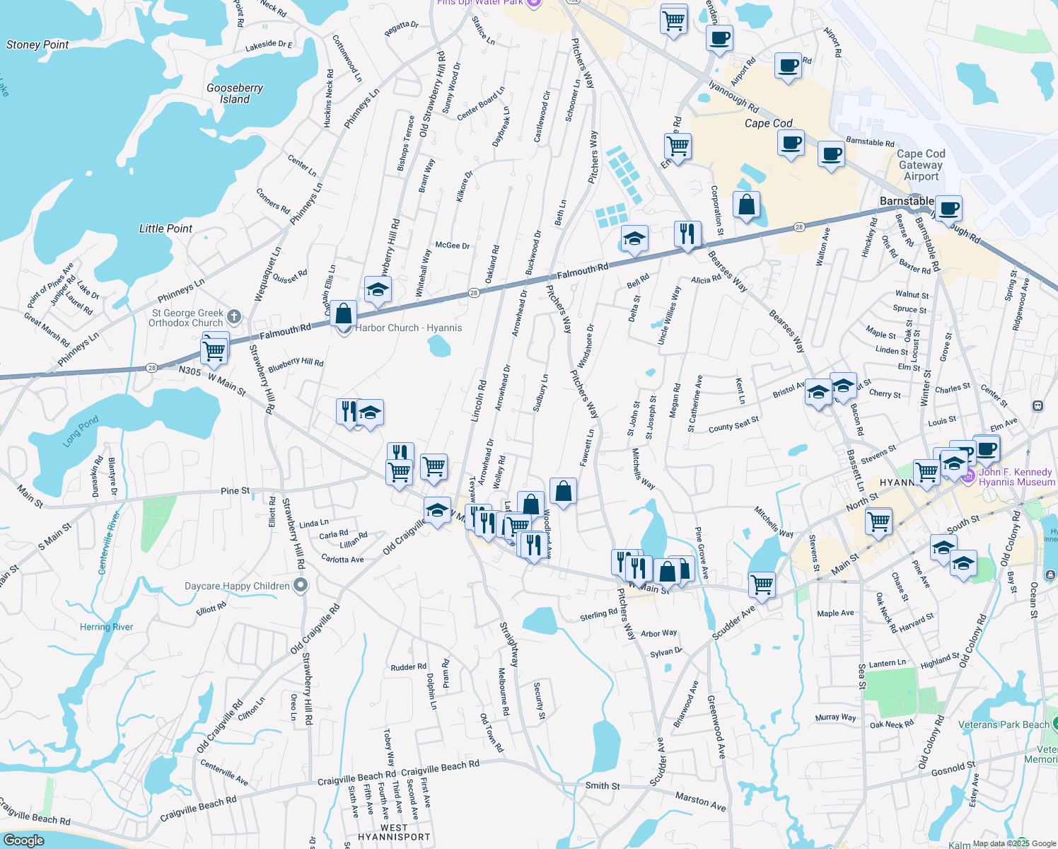 map of restaurants, bars, coffee shops, grocery stores, and more near 189 Sudbury Lane in Barnstable