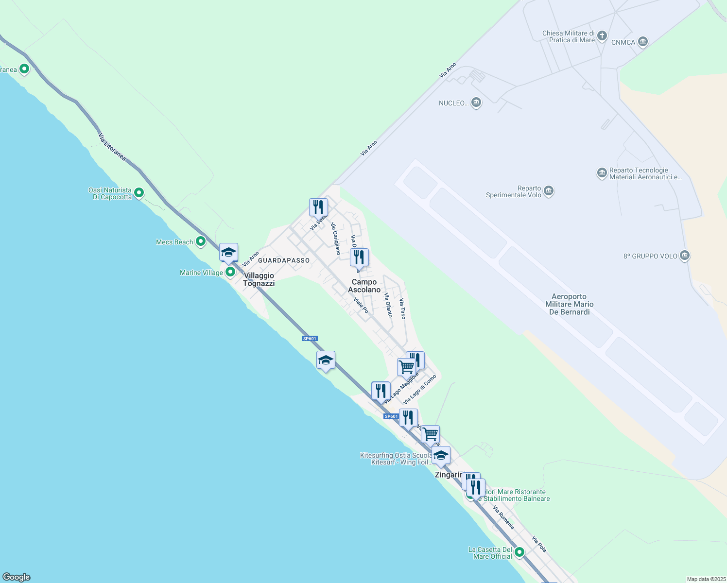 map of restaurants, bars, coffee shops, grocery stores, and more near 26 Via Dora Riparia in Torvaianica