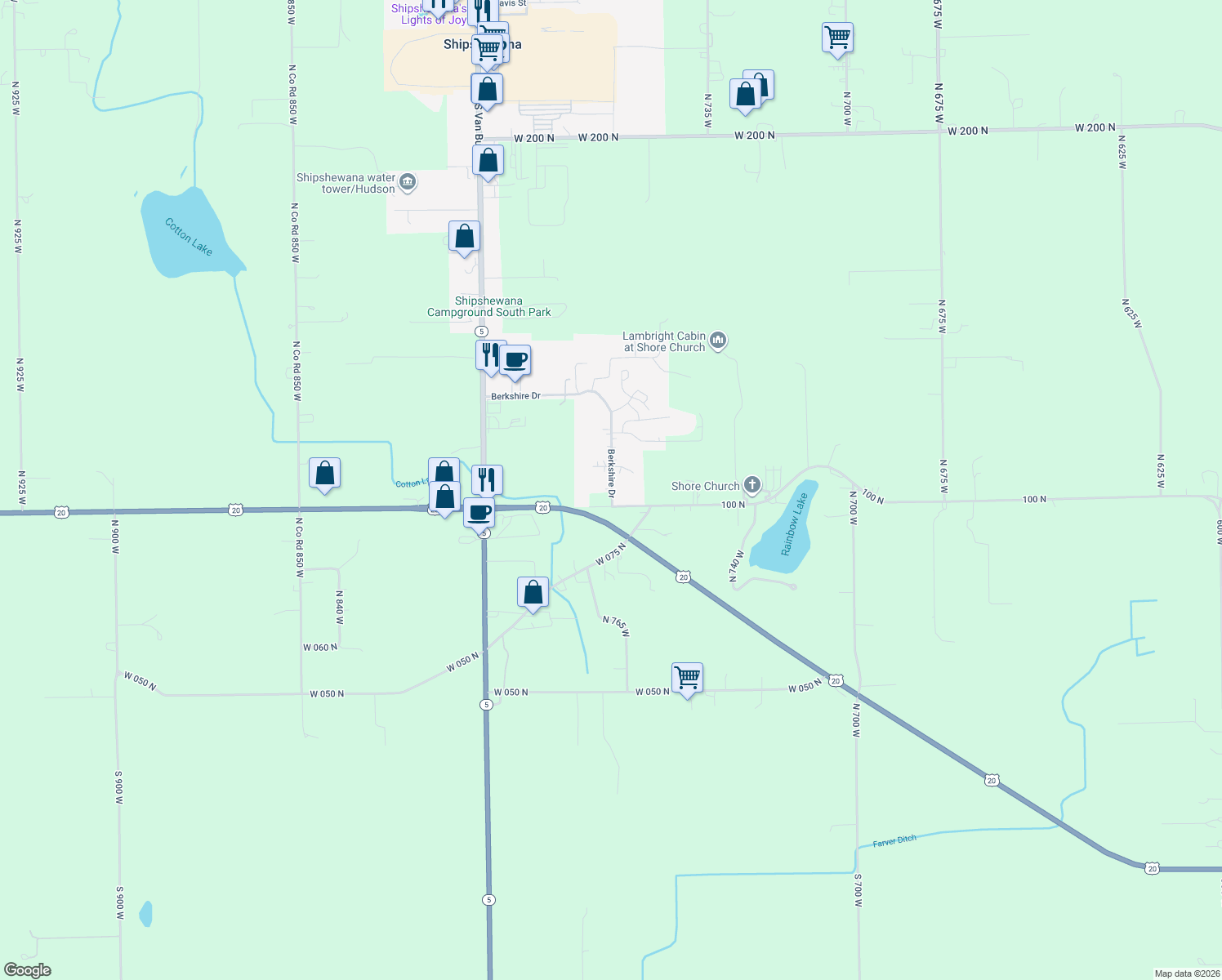 map of restaurants, bars, coffee shops, grocery stores, and more near 1600 Berkshire Drive in Shipshewana