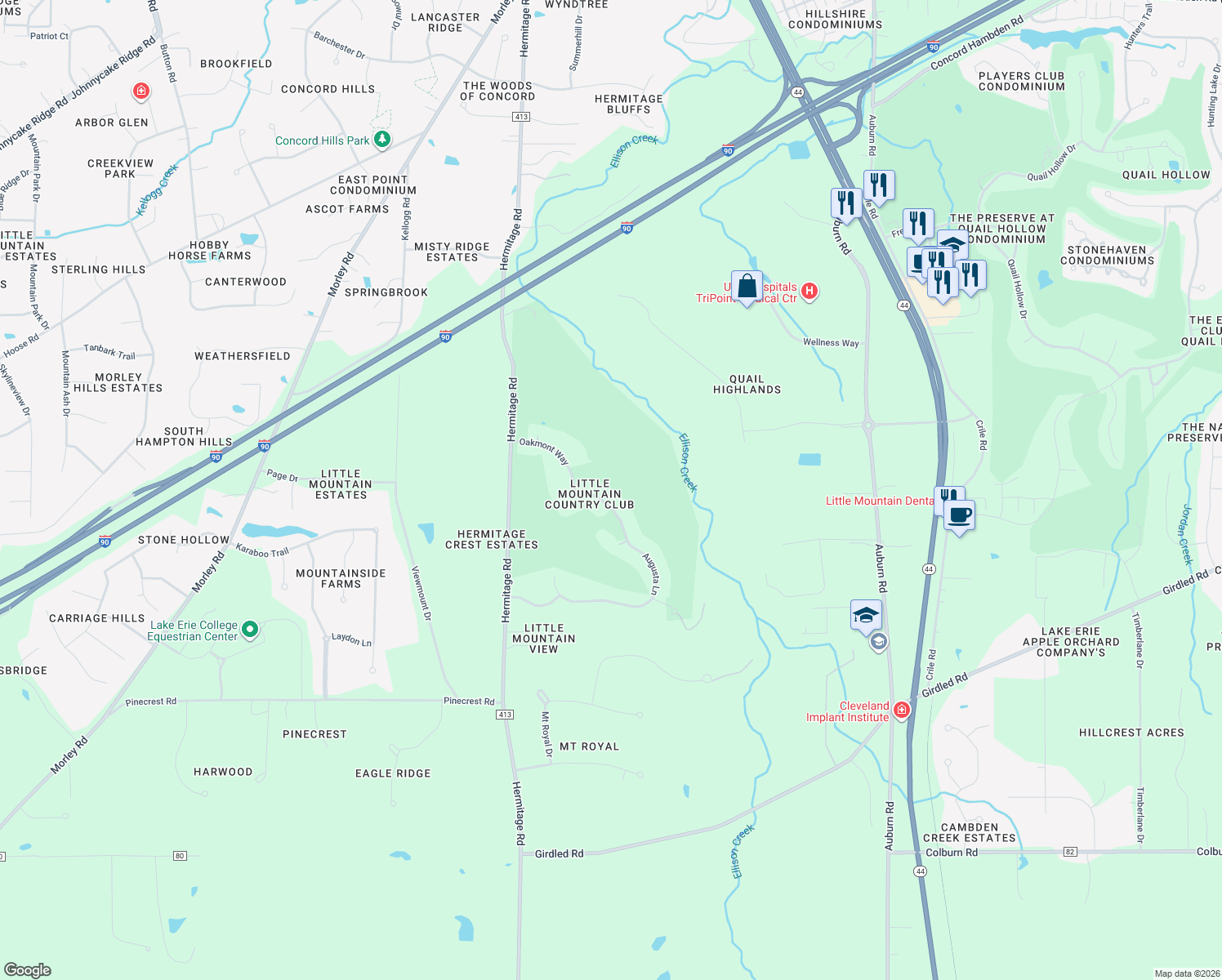 map of restaurants, bars, coffee shops, grocery stores, and more near 7925 Augusta Lane in Painesville